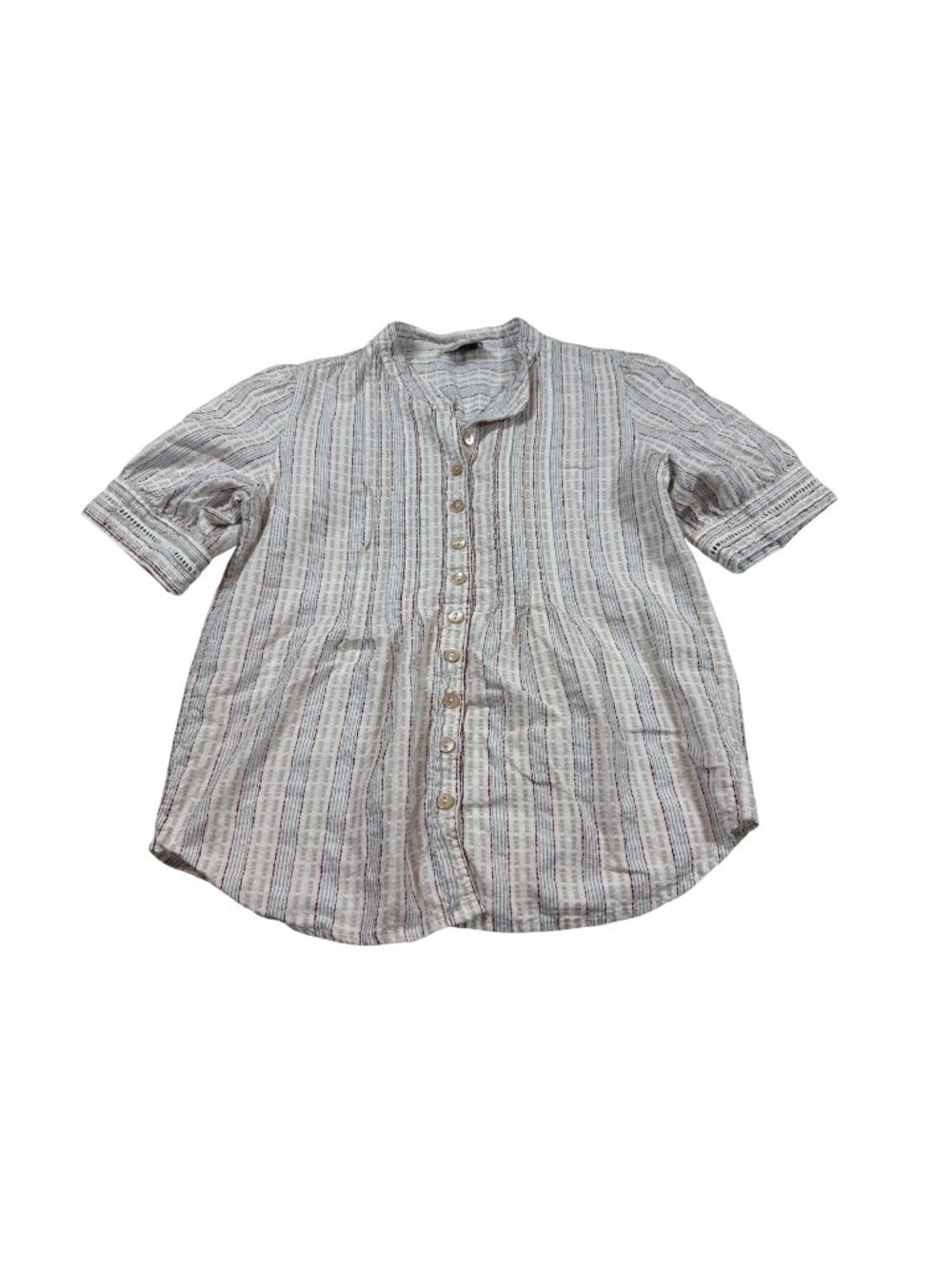 Wrap London Womens sz 4 Striped Button-Up Blouse White/Red eyelit detail (W814)
